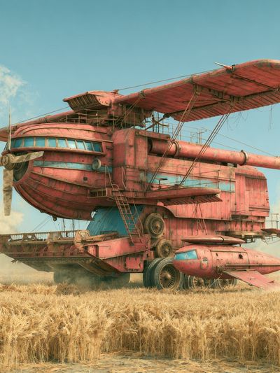 Retro Airship in Wheat Field Poster.