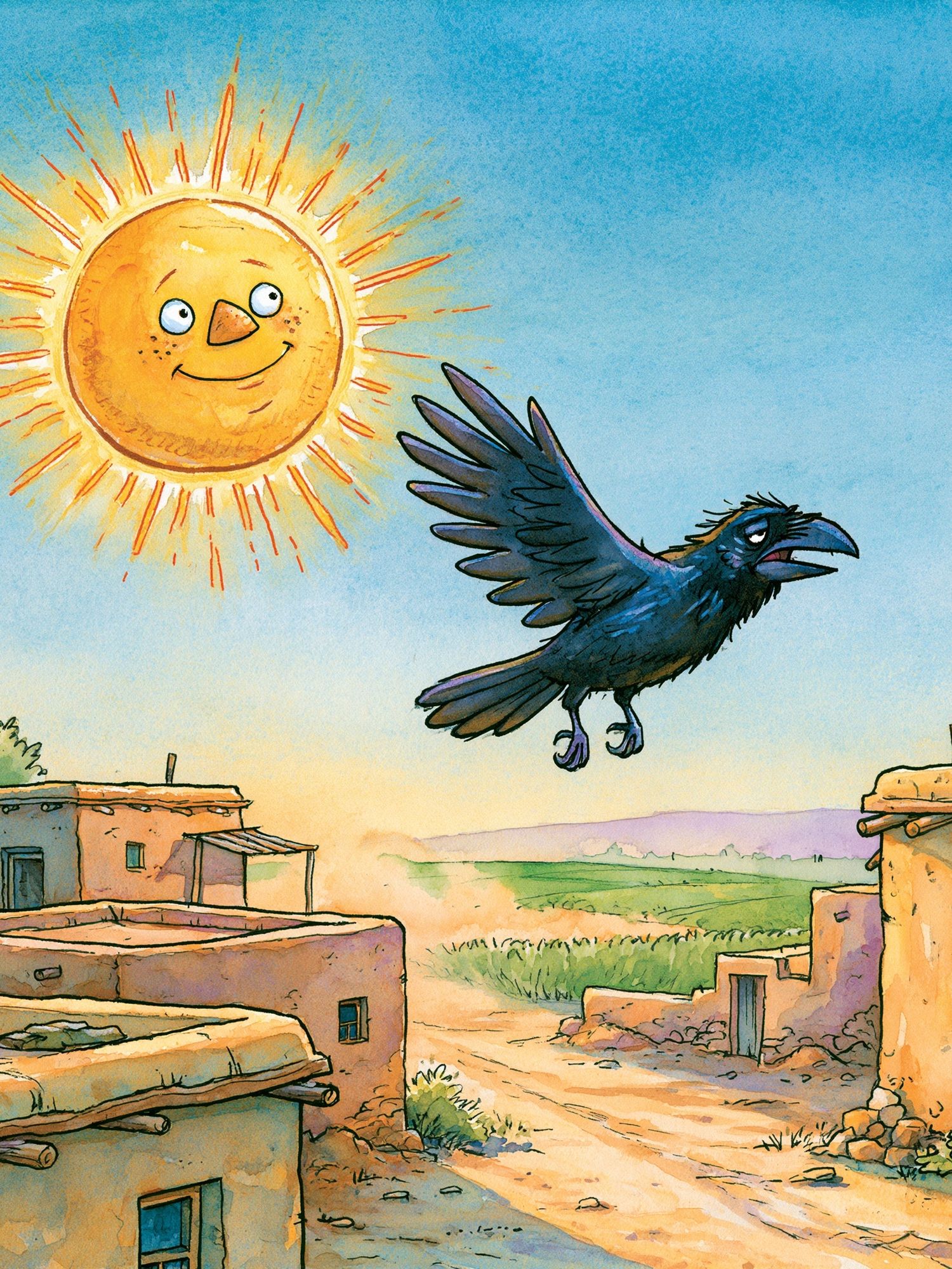 Sunny Raven Village Illustration Poster. poster — illustration art