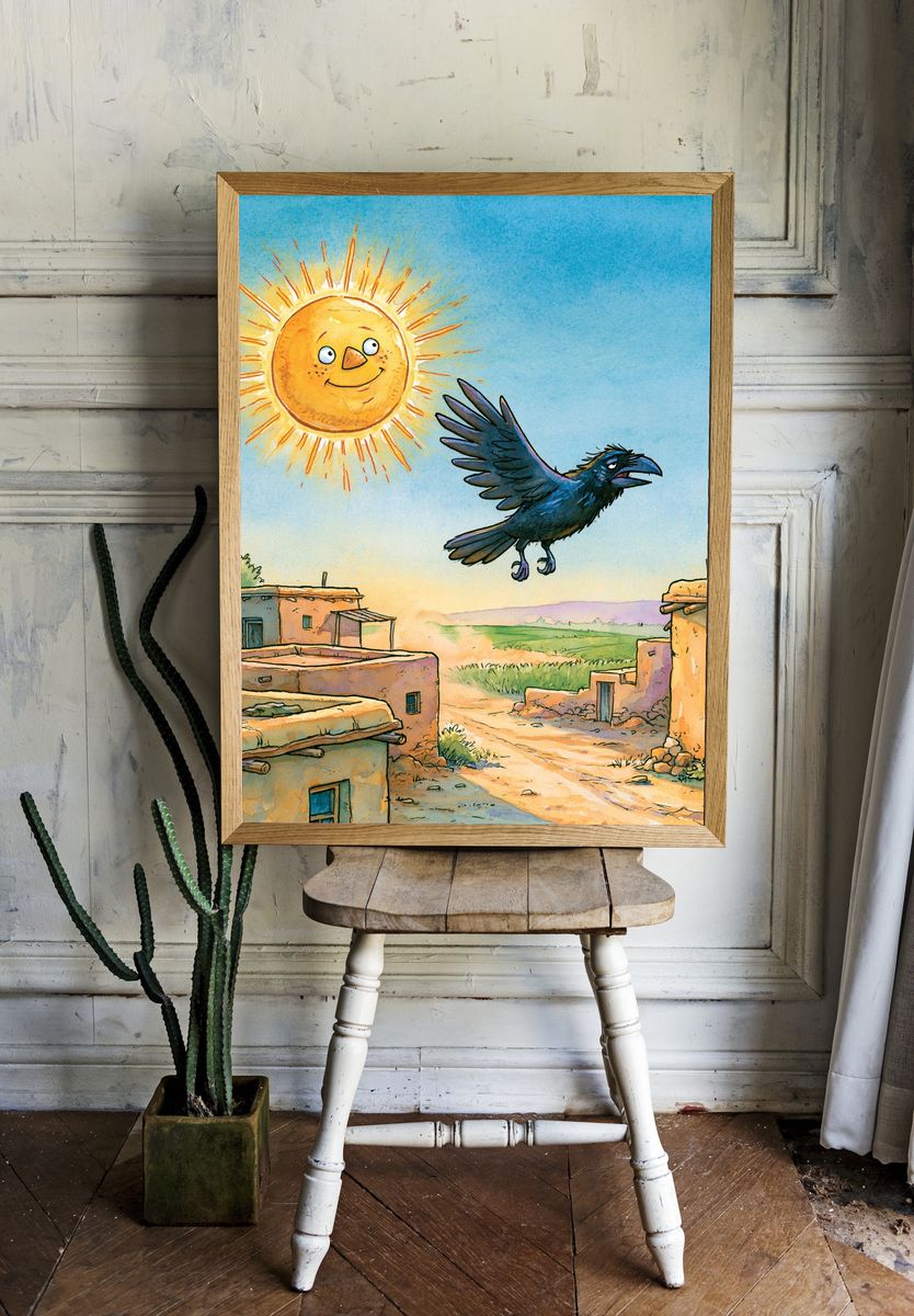 Sunny Raven Village Illustration Poster. — room view 1
