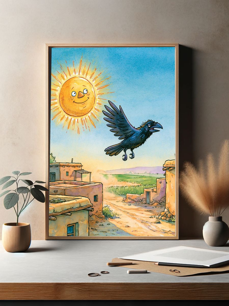 Sunny Raven Village Illustration Poster. — room view 2