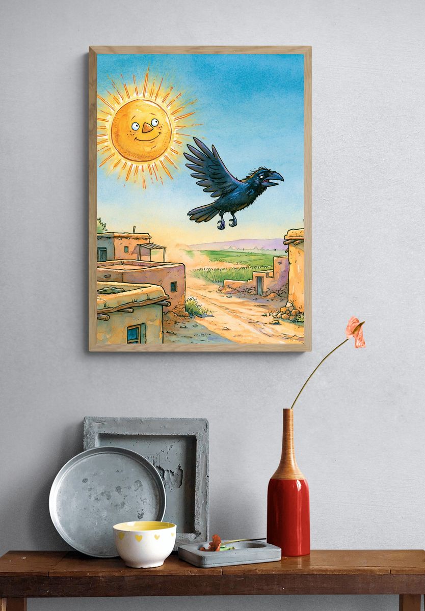 Sunny Raven Village Illustration Poster. — room view 3