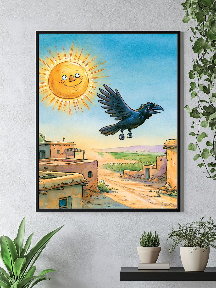 Sunny Raven Village Illustration Poster. — room view 4