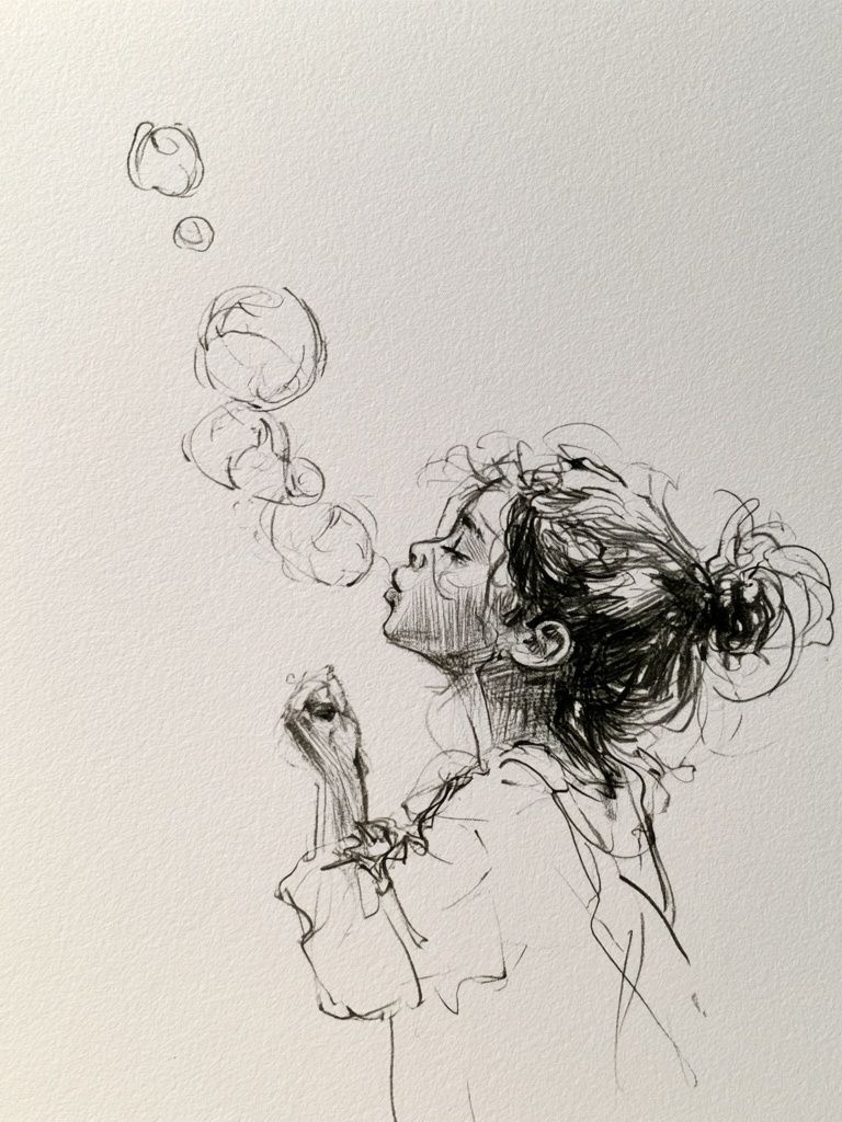 Girl Blowing Bubbles Ink Poster. poster — illustration art