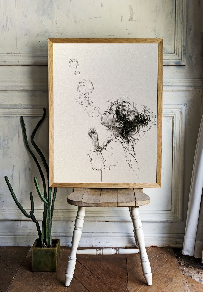 Girl Blowing Bubbles Ink Poster. room preview