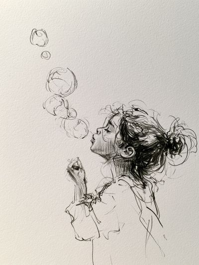 Girl Blowing Bubbles Ink Poster.
