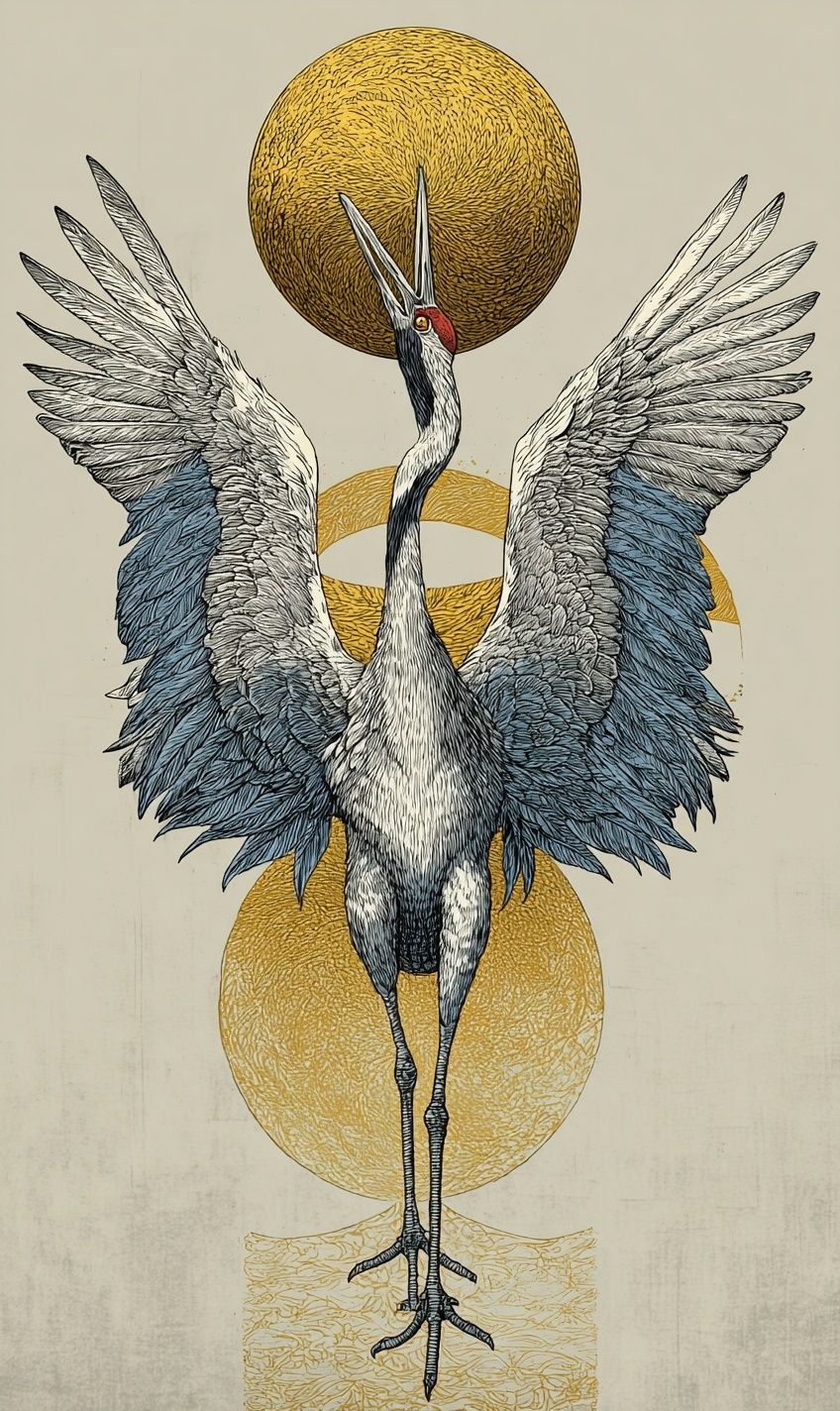 Crane with Golden Orbs Print. poster — illustration art
