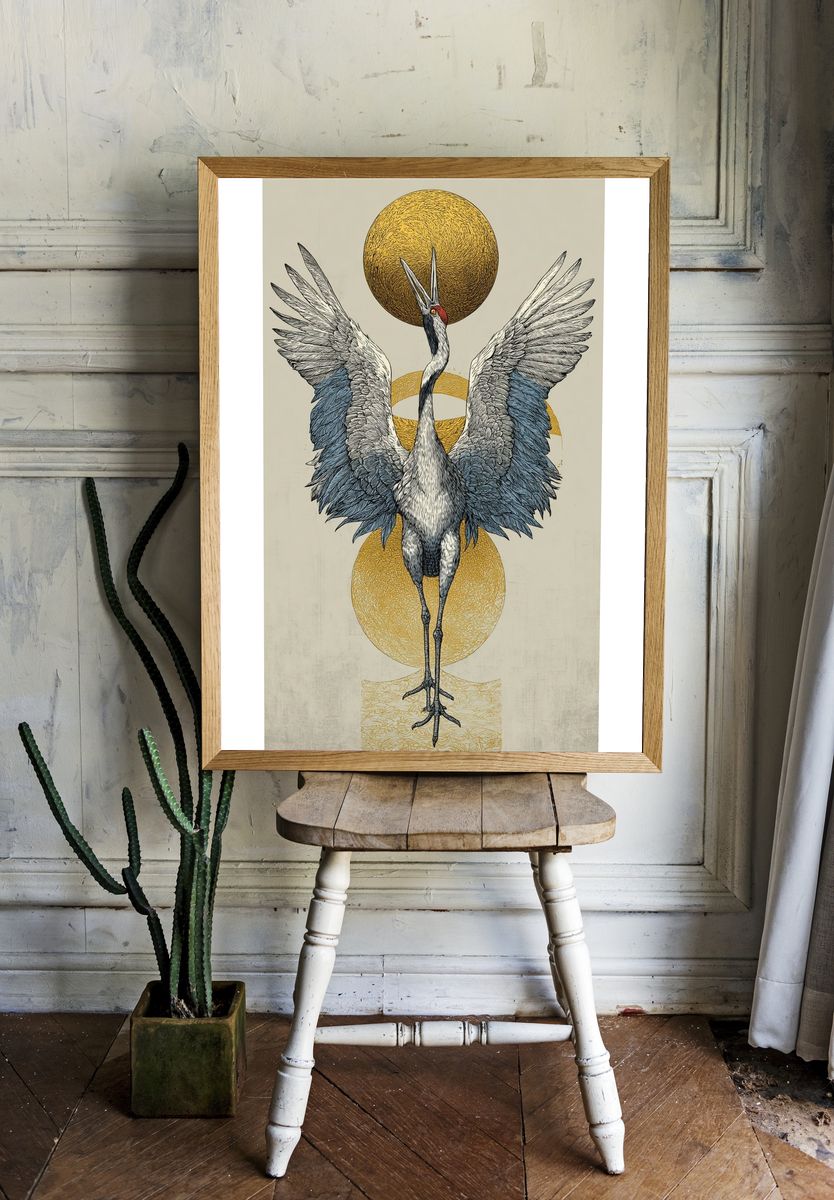 Crane with Golden Orbs Print. — room view 1