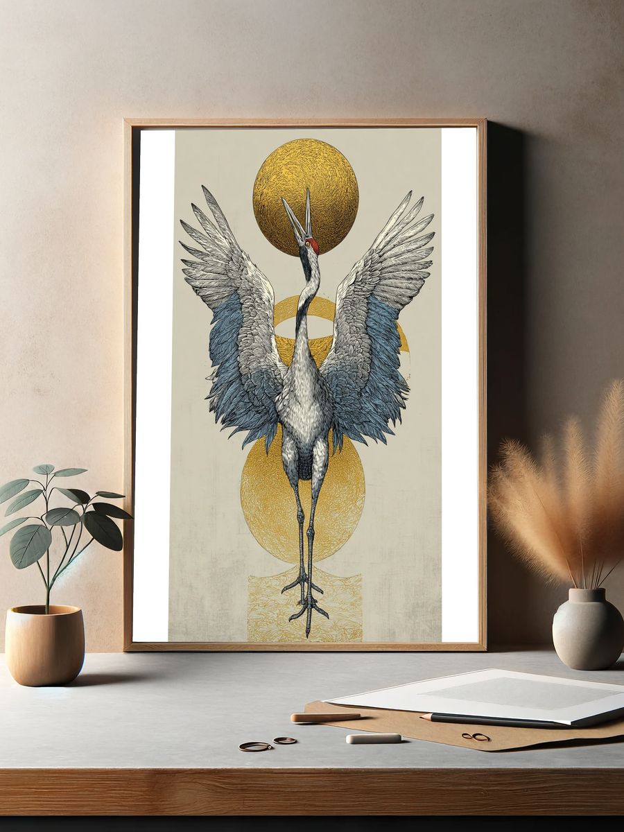 Crane with Golden Orbs Print. — room view 2