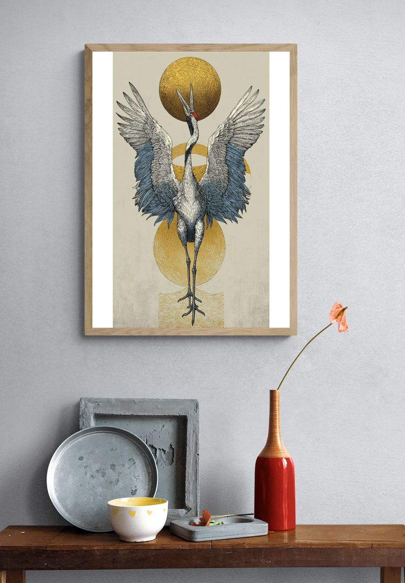 Crane with Golden Orbs Print. — room view 3