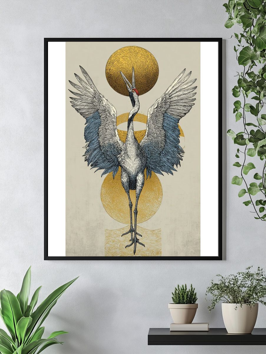 Crane with Golden Orbs Print. — room view 4