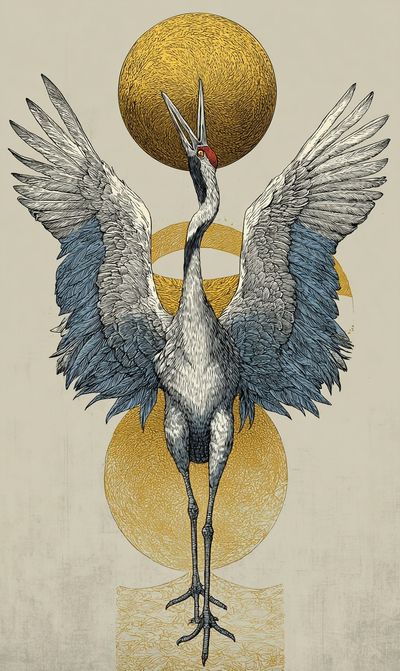 Crane with Golden Orbs Print. poster print