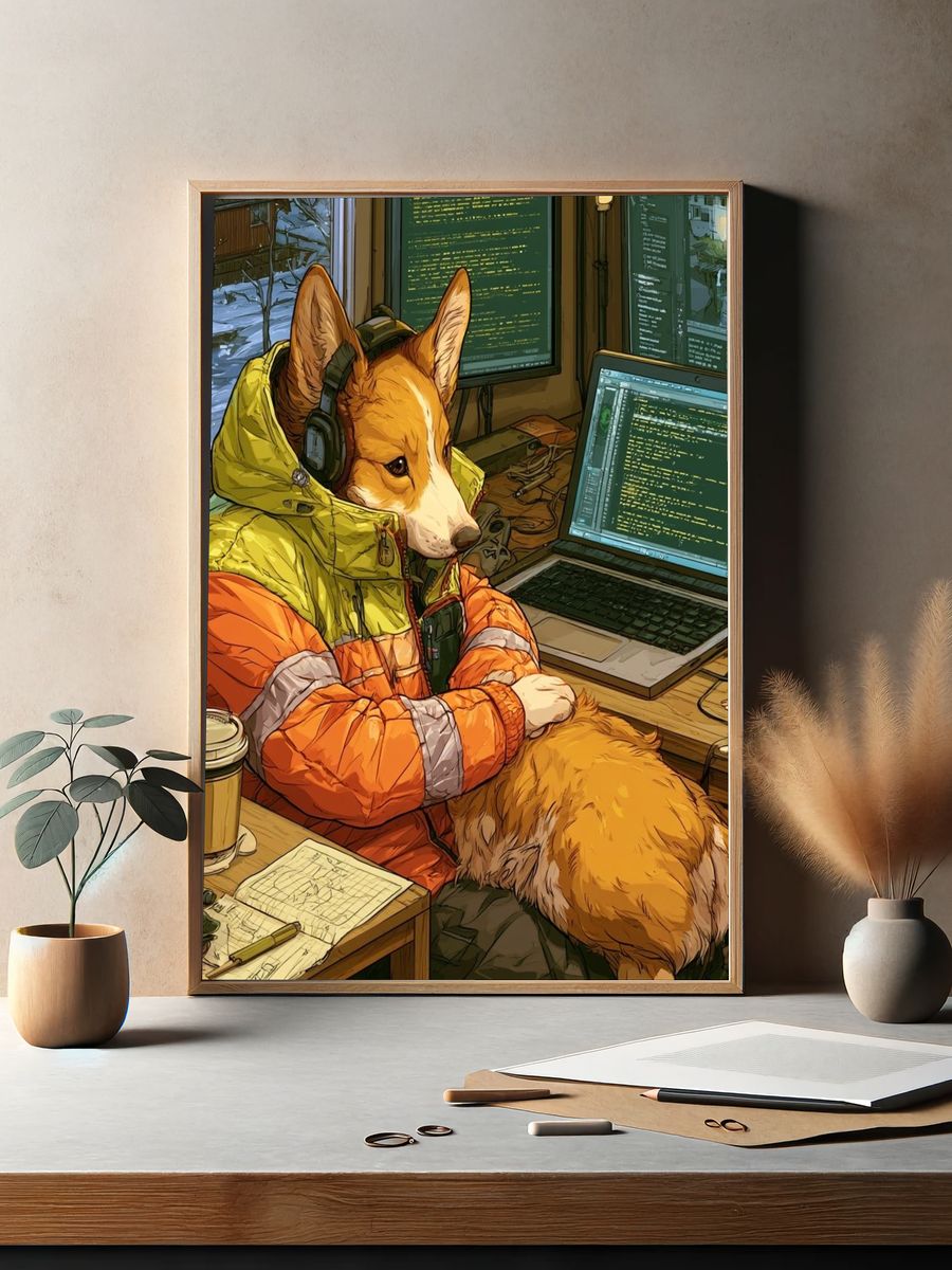 Corgi Coder Illustration Poster. — room view 2