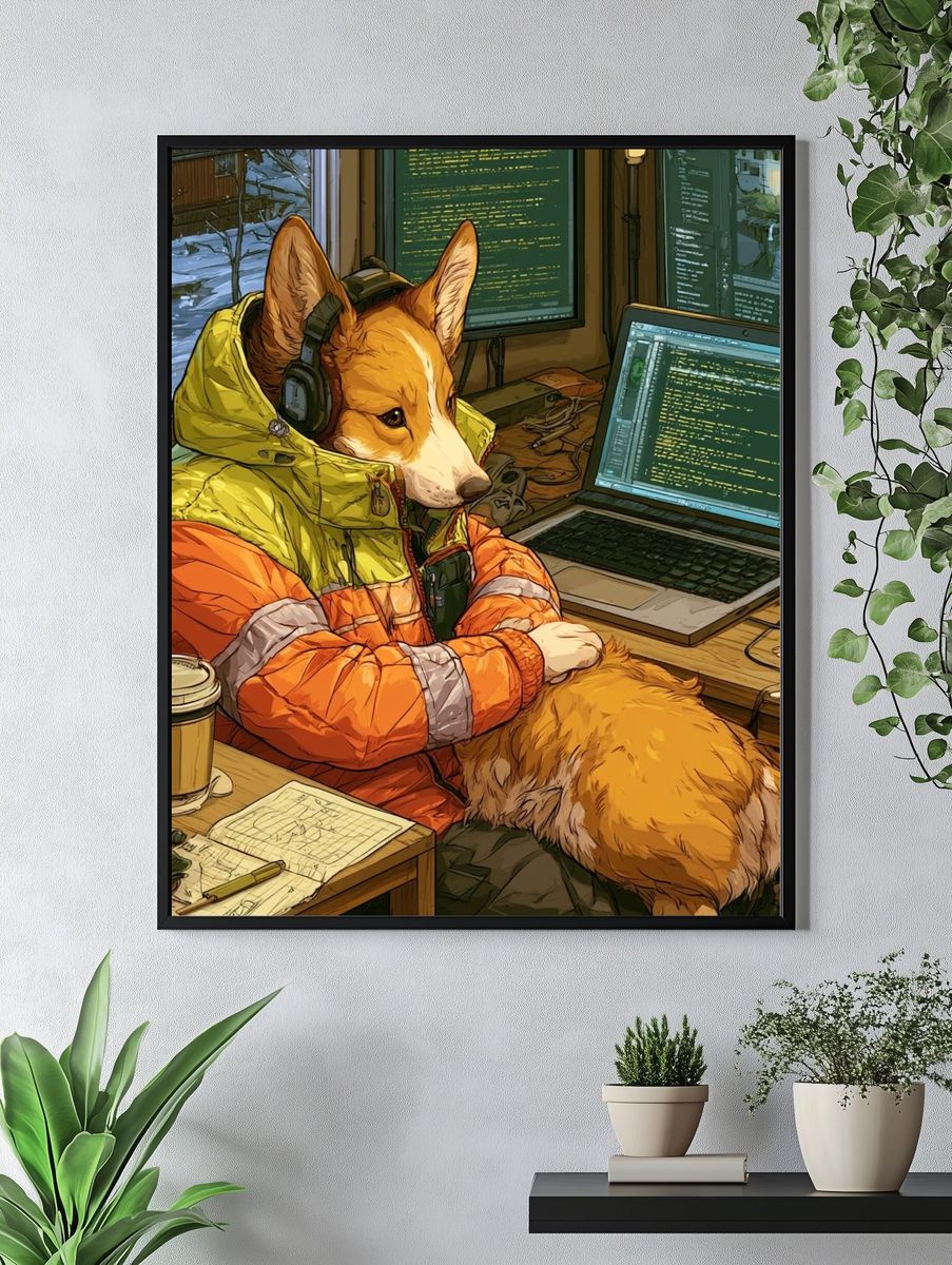 Corgi Coder Illustration Poster. — room view 4