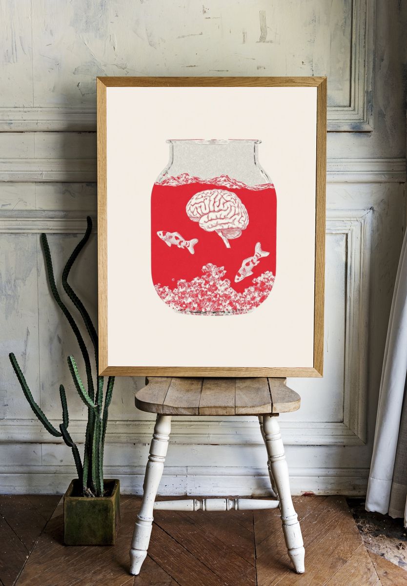 Surreal Fishbowl Brain Illustration Poster. — room view 1