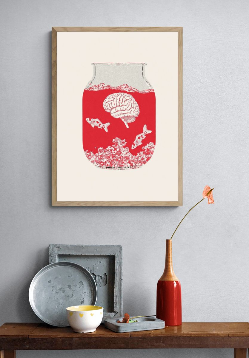 Surreal Fishbowl Brain Illustration Poster. — room view 3
