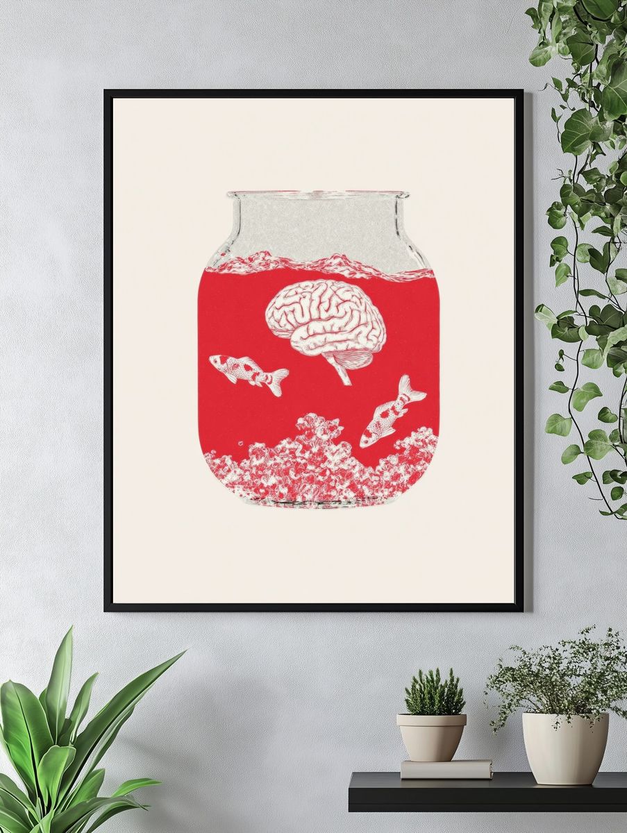 Surreal Fishbowl Brain Illustration Poster. — room view 4
