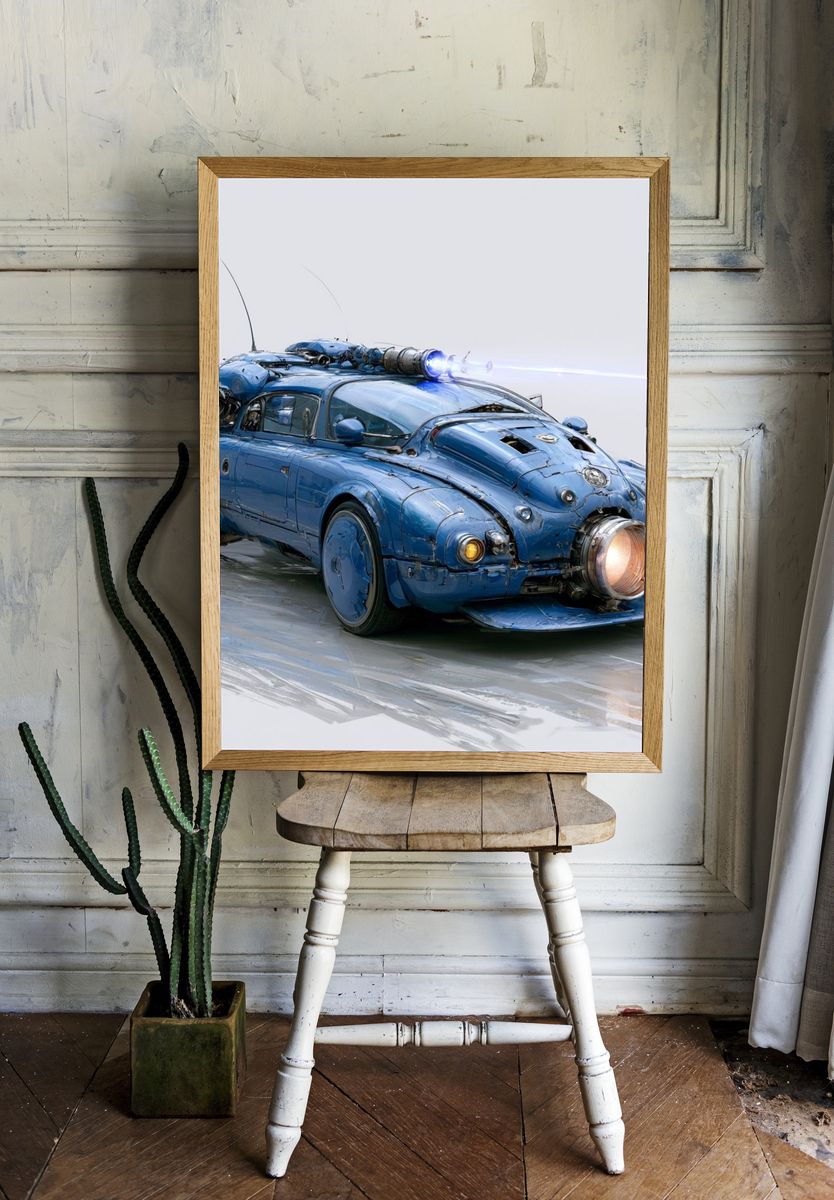 Blue Steampunk Car Illustration Poster. — room view 1