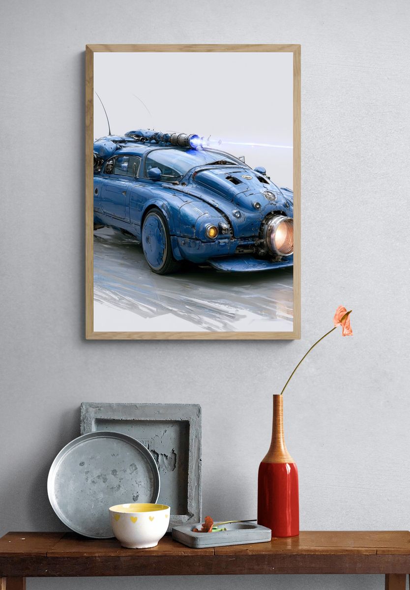 Blue Steampunk Car Illustration Poster. — room view 3
