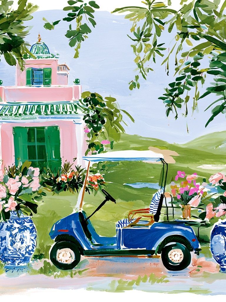 Tropical Villa Golf Cart Print. poster detail