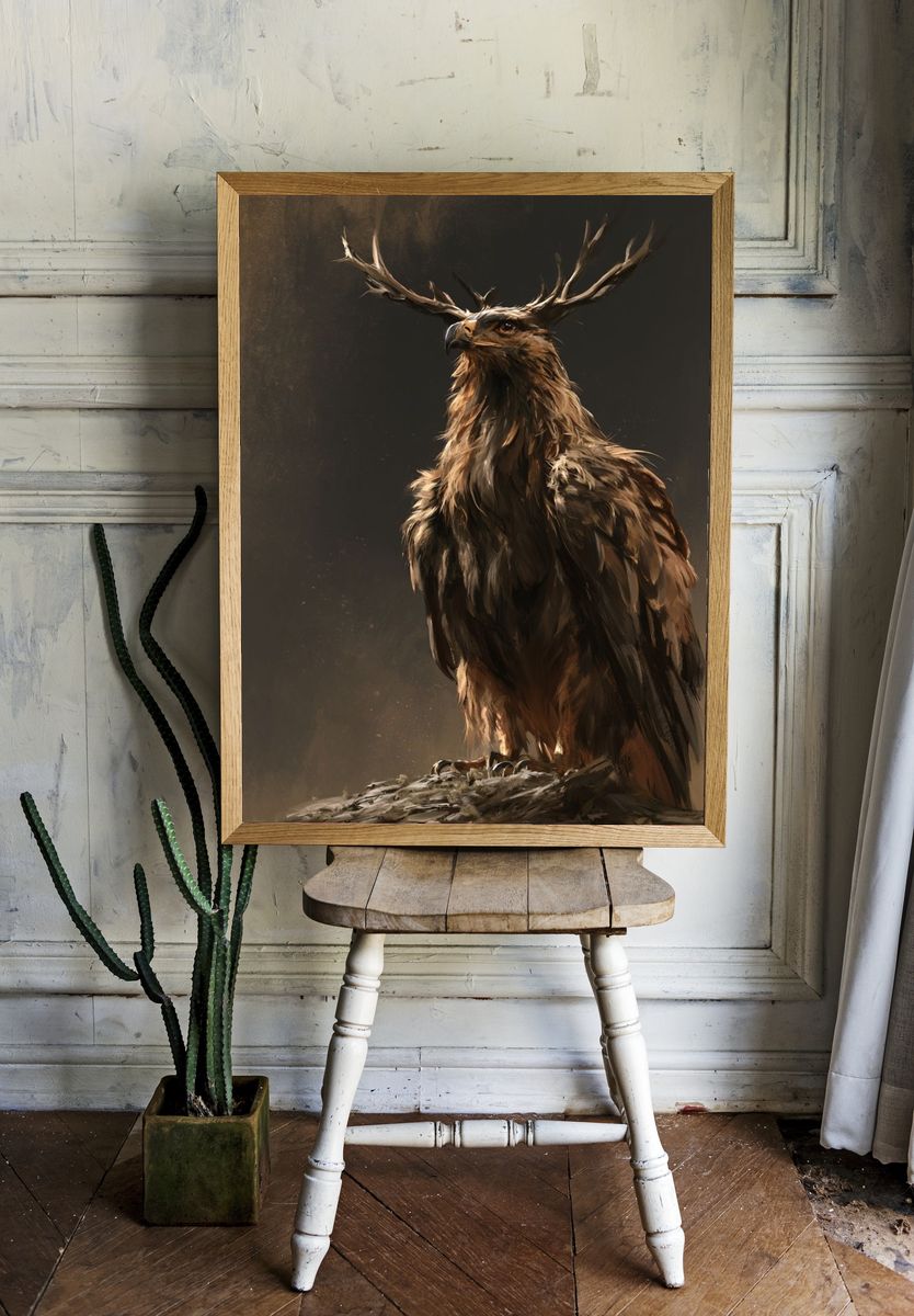 Majestic Deer Eagle Illustration Poster. room preview