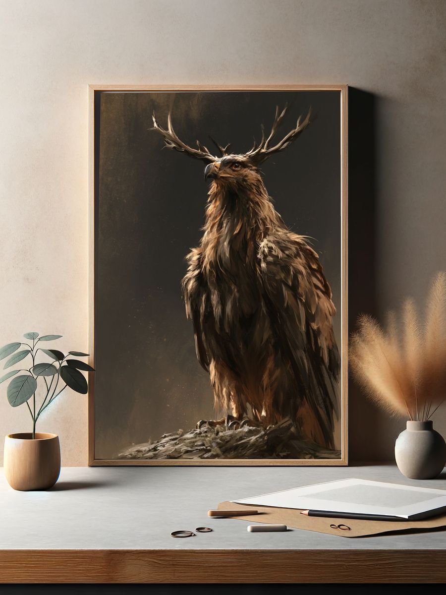 Majestic Deer Eagle Illustration Poster. — room view 2