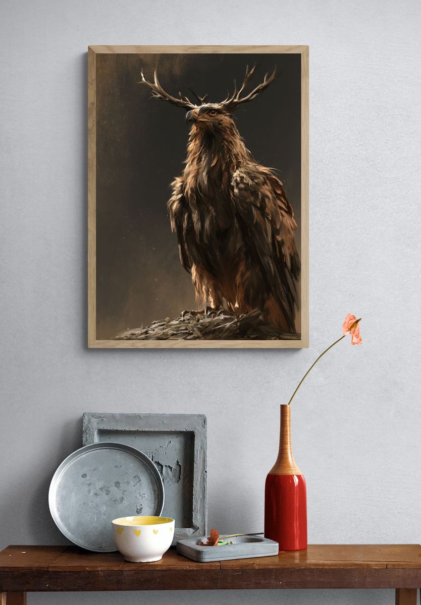 Majestic Deer Eagle Illustration Poster. — room view 3