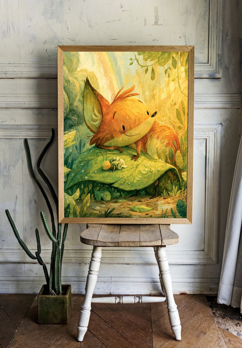 Forest Fox and Beetle Illustration Poster. — room view 1