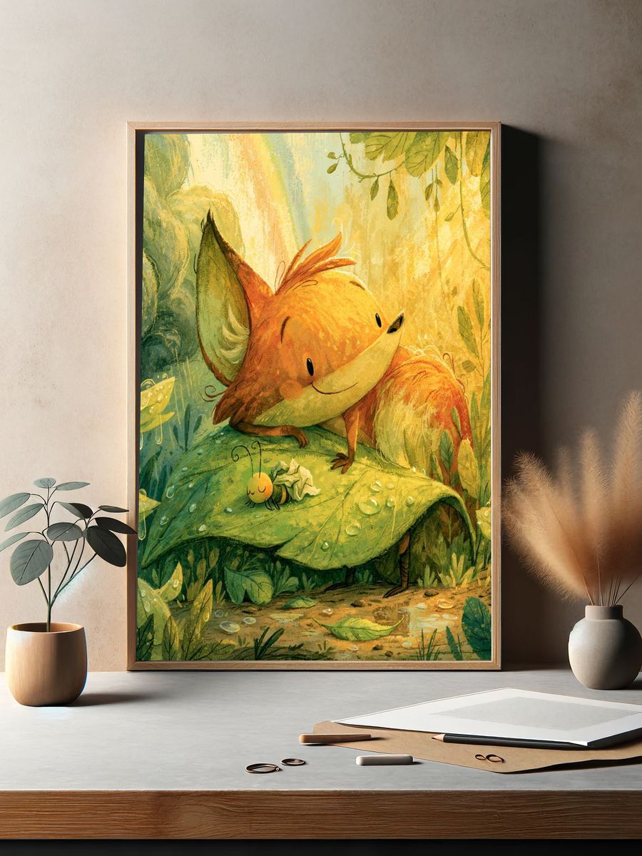 Forest Fox and Beetle Illustration Poster. — room view 2