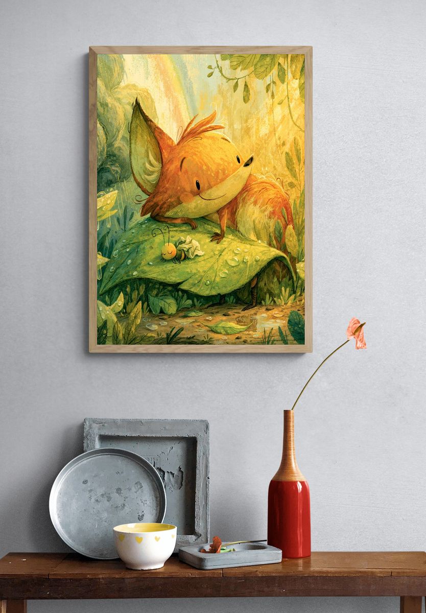 Forest Fox and Beetle Illustration Poster. — room view 3