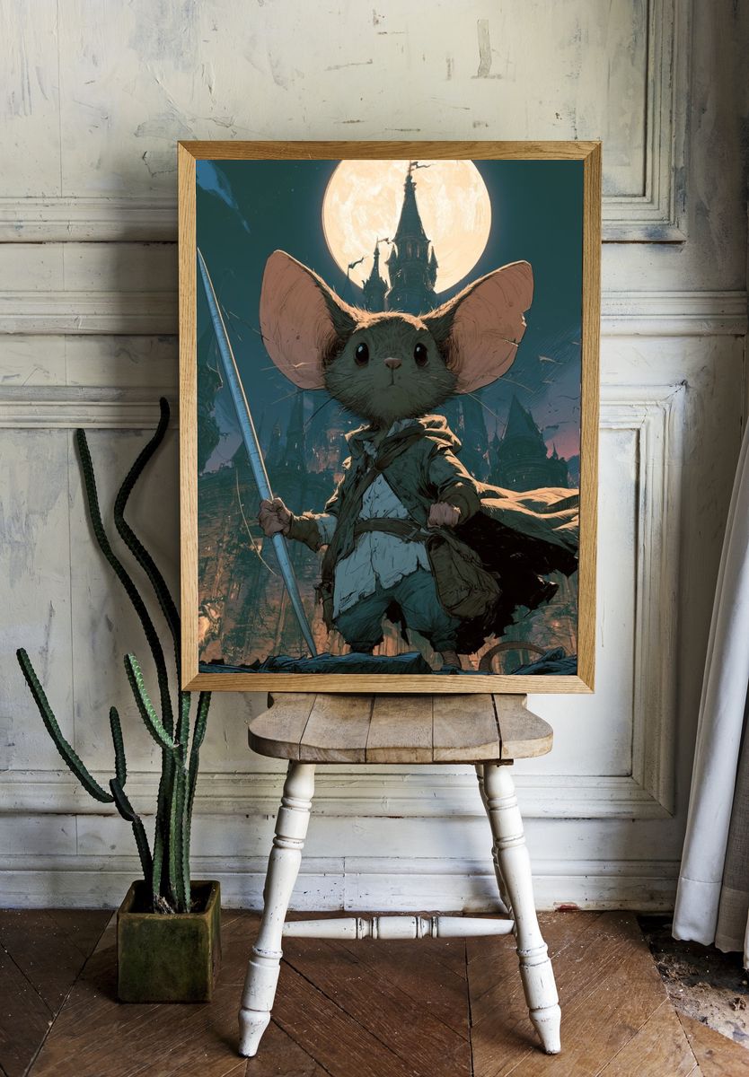 Moonlit Mouse Warrior Fantasy Print. room preview