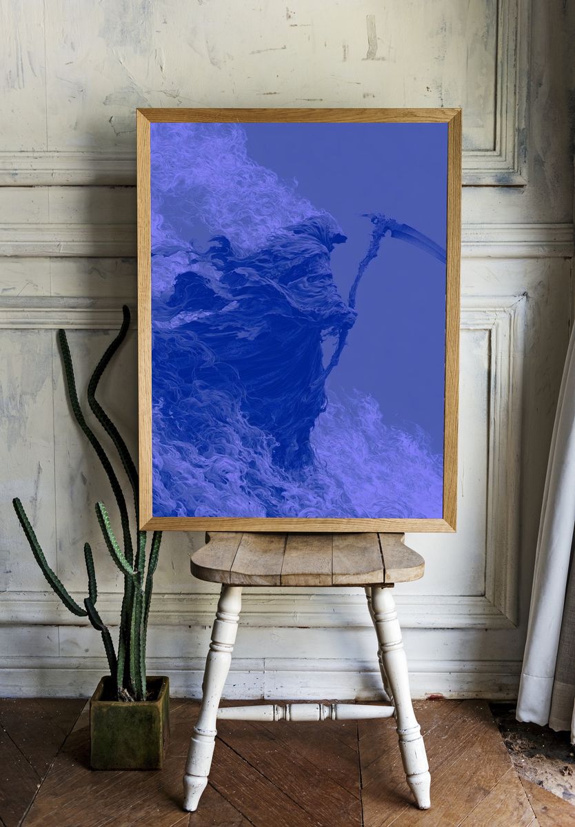 Grim Reaper Blue Surrealism Print. — room view 1