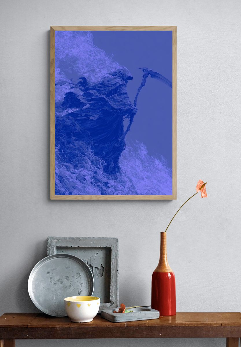 Grim Reaper Blue Surrealism Print. — room view 3