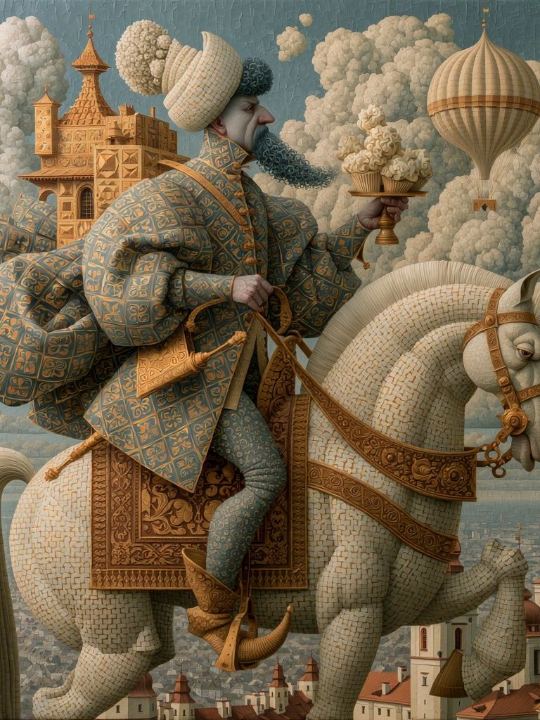Surreal Rider on White Horse Print. poster detail