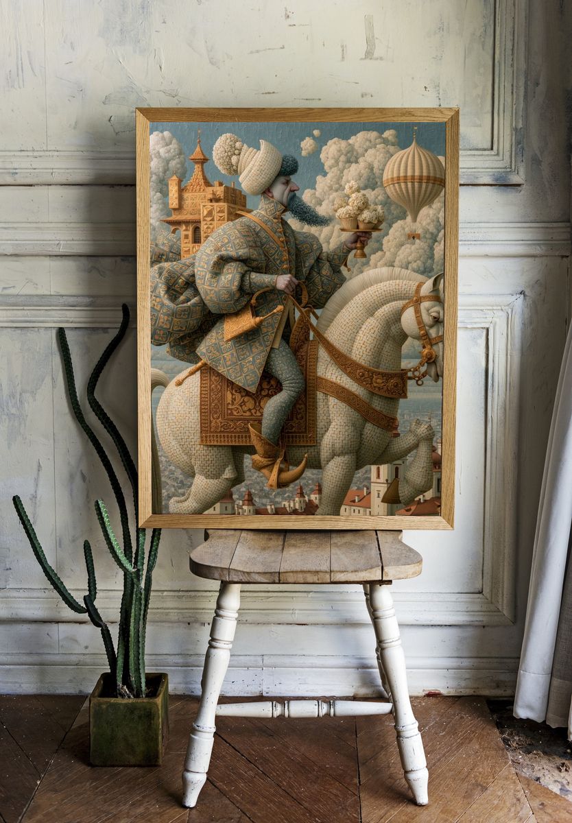 Surreal Rider on White Horse Print. room preview