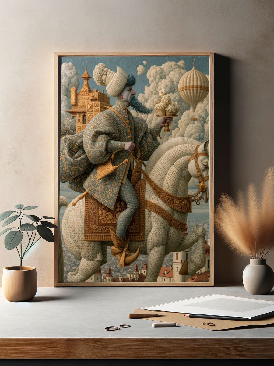 Surreal Rider on White Horse Print. — room view 2