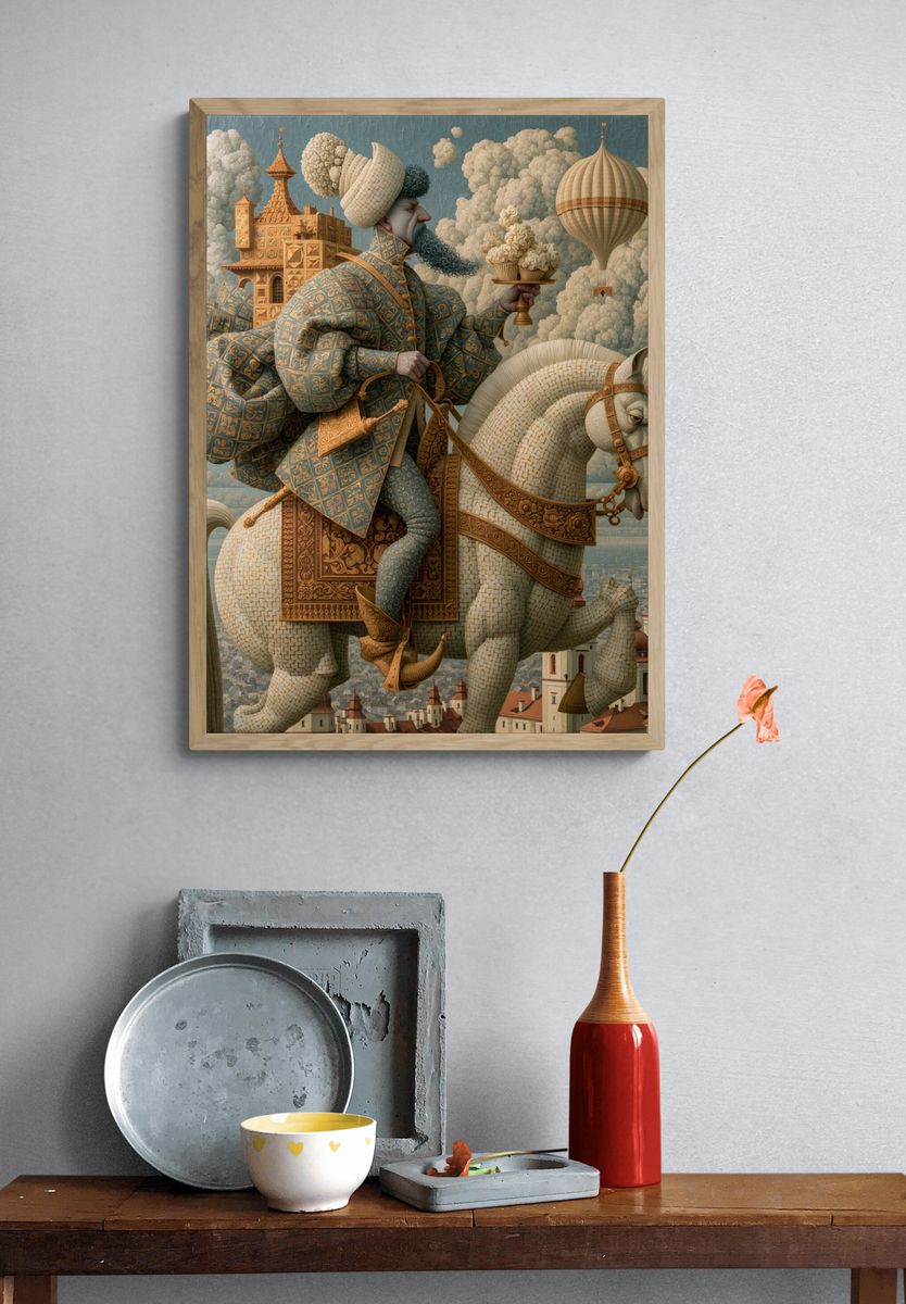 Surreal Rider on White Horse Print. — room view 3