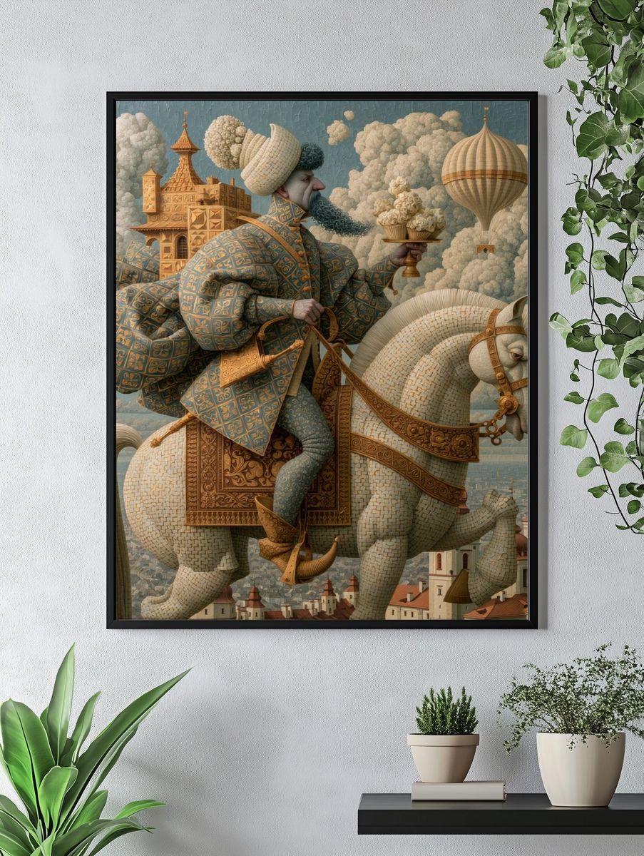 Surreal Rider on White Horse Print. — room view 4