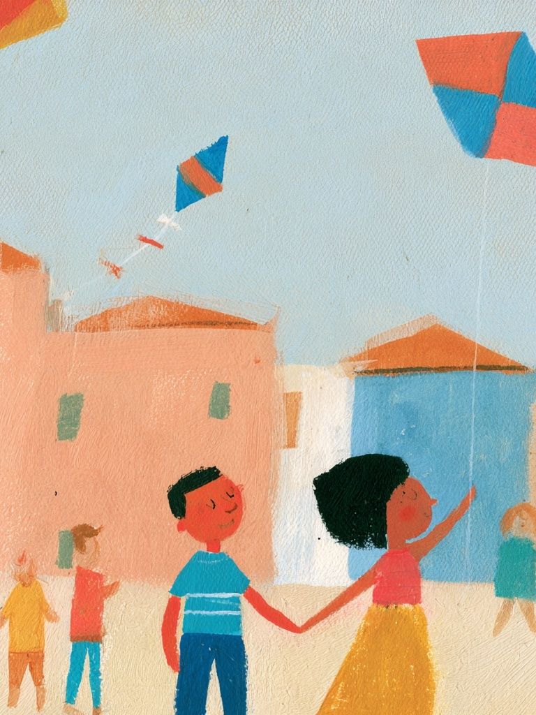 Children Flying Kites Illustration Poster. poster detail