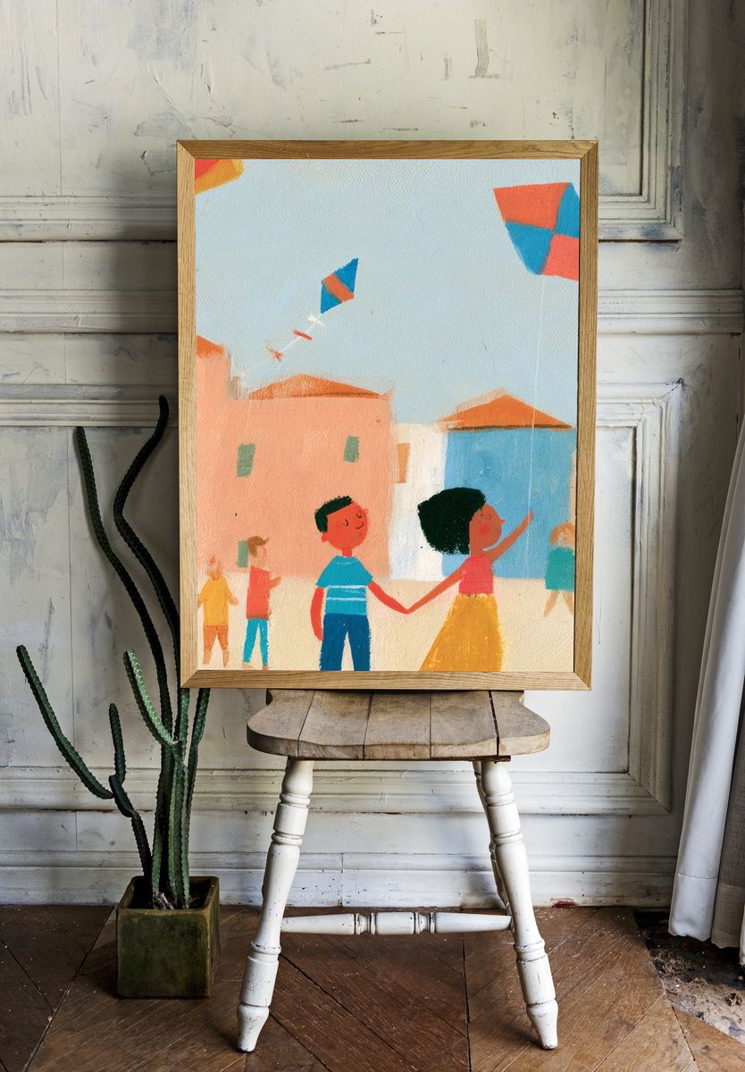 Children Flying Kites Illustration Poster. — room view 1