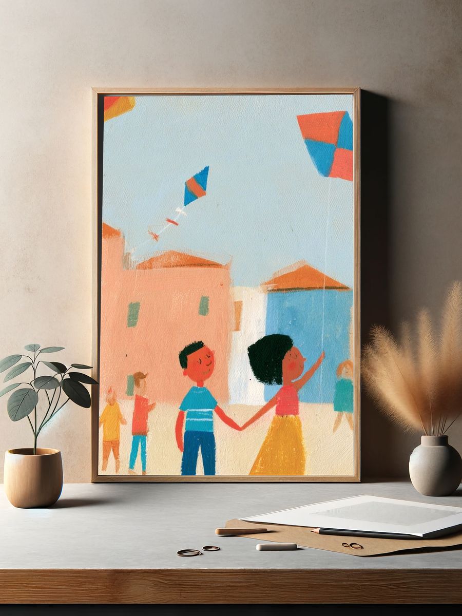 Children Flying Kites Illustration Poster. — room view 2