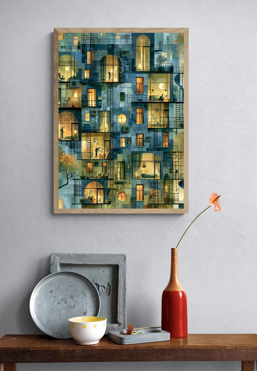 Dreamy Apartment Facade Illustration Poster. — room view 3