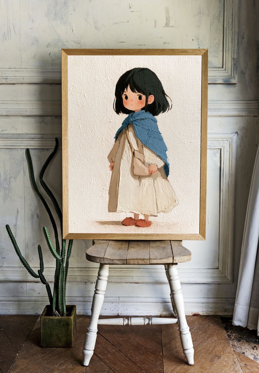 Girl in Blue Shawl Illustration Poster. room preview