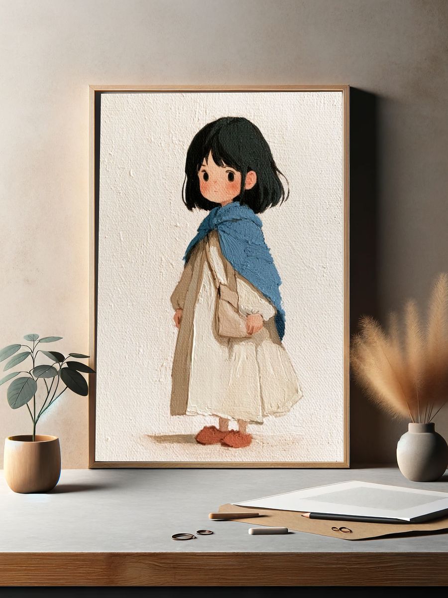 Girl in Blue Shawl Illustration Poster. — room view 2