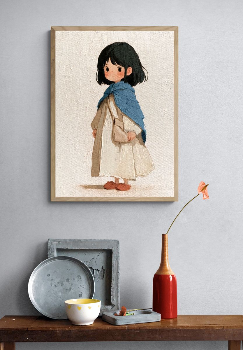 Girl in Blue Shawl Illustration Poster. — room view 3