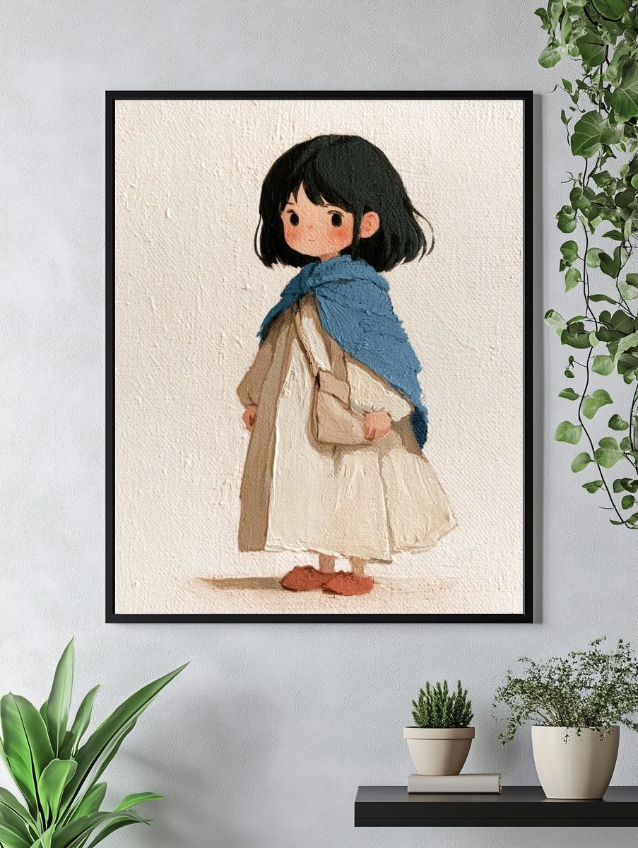 Girl in Blue Shawl Illustration Poster. — room view 4