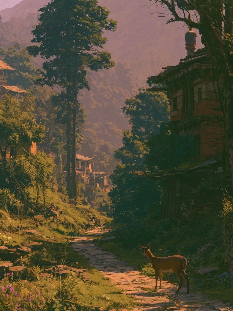 Mountain Village Deer Illustration Poster. poster detail