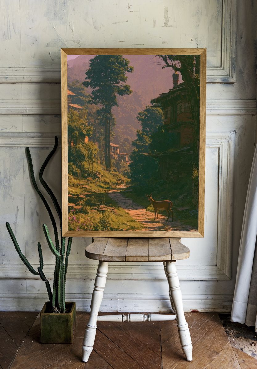 Mountain Village Deer Illustration Poster. room preview