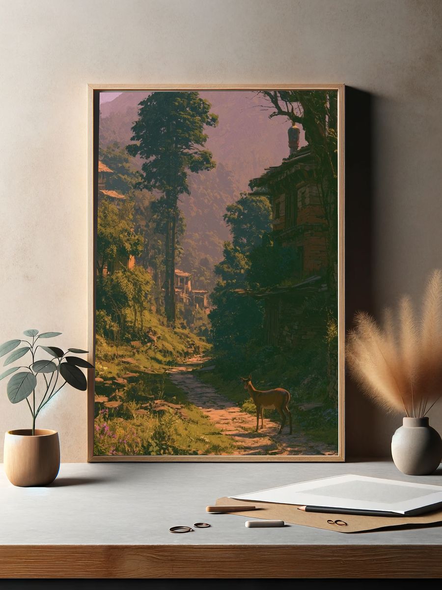 Mountain Village Deer Illustration Poster. — room view 2