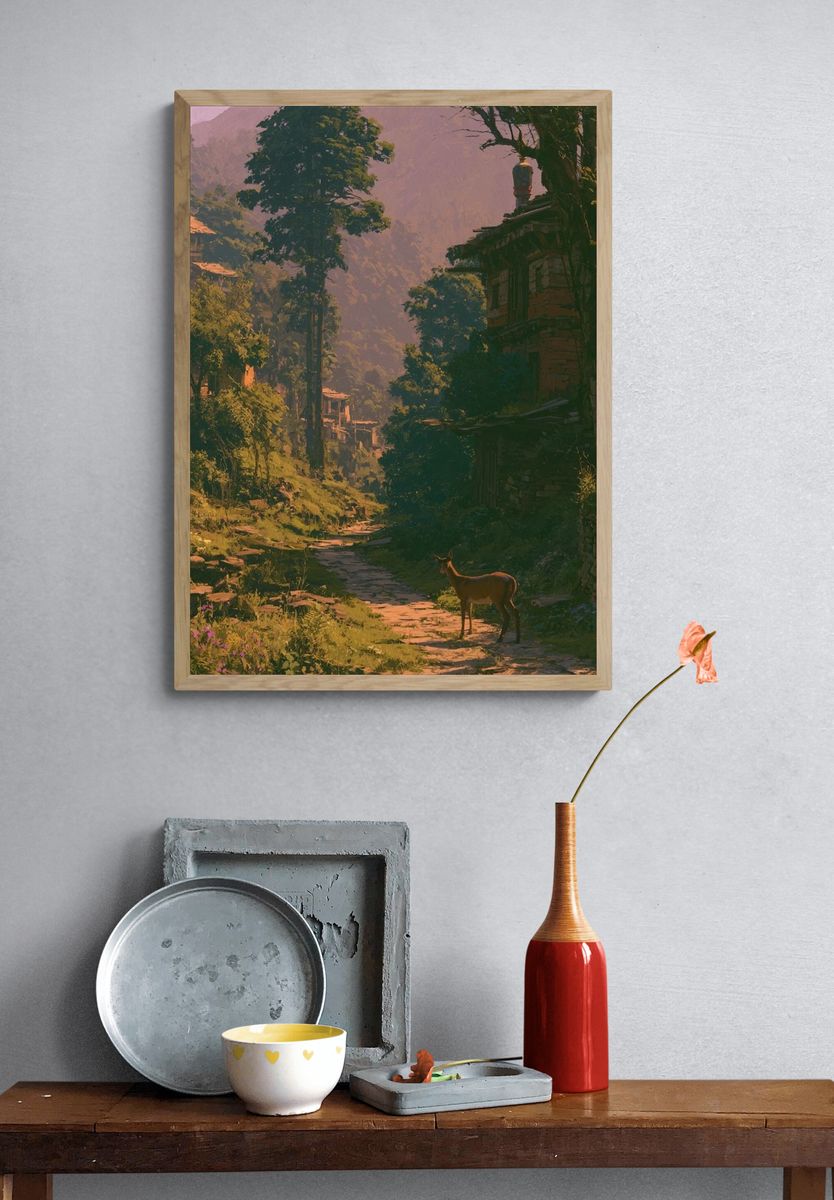 Mountain Village Deer Illustration Poster. — room view 3
