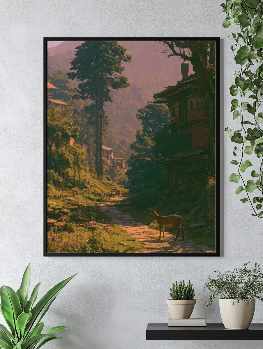 Mountain Village Deer Illustration Poster. — room view 4